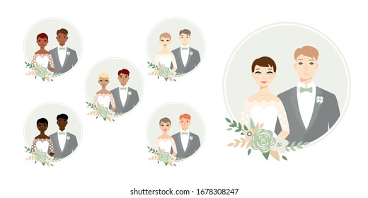 Set of happy wedding couples. Different types wedding couples collection. Bride and groom on their wedding day. Vector illustration isolated with background, for wedding invitation and romantic card