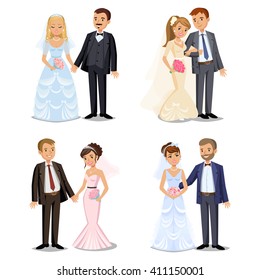 Set of Happy wedding couples. Different types Wedding couples collection. Bride and groom on their wedding day. Vector illustration isolated on white background. 