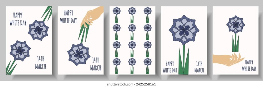 Set Happy White Day banner in trendy Retro Groovy style. Blue Valentine's Day Geometry card design. Vector illustration can used web and social media poster, greeting card and brochure cover. EPS 10 