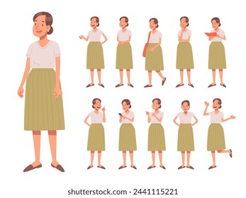 Set of happy woman character in casual clothes in various poses on a white background. Cute girl thinks, gets angry, reads, uses the phone. Vector illustration in flat style