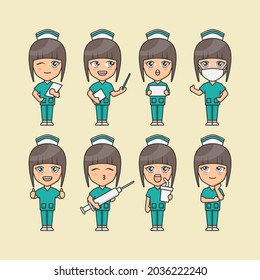 Set of happy woman in nurse uniform with different pose. Female nurse character