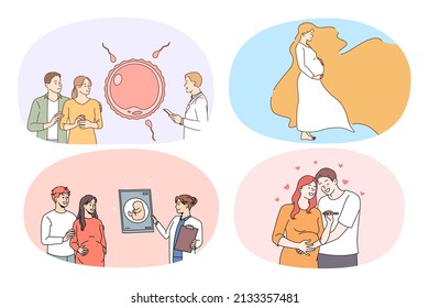 Set of happy woman pregnant with baby. Collection of family growing planning pregnancy. Ivf treatment and fertility. Smiling spouses waiting for childbirth. Vector illustration. 