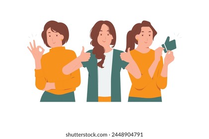 Conjunto de mujer feliz que muestra el símbolo de la Aprobación de los pulgares hacia arriba del gesto, diversas emociones positivas, ilustración del concepto del signo de OK