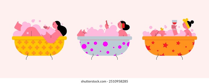 Set of a happy woman taking a bath. Trendy vector illustration.