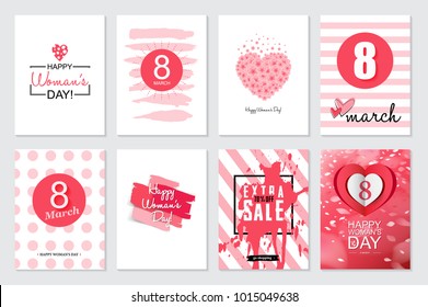 Set of Happy Woman's Day artistic hand drawn greeting card or background
in trendy style. 8 March. Big Sale templates with lettering and
doodle design. Flat hipster graphic of poster, banner. Vector