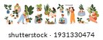Set of happy women caring about interior potted plants isolated on white background. Home gardening and growing houseplants. Colored flat vector illustration of trendy people with house greenery