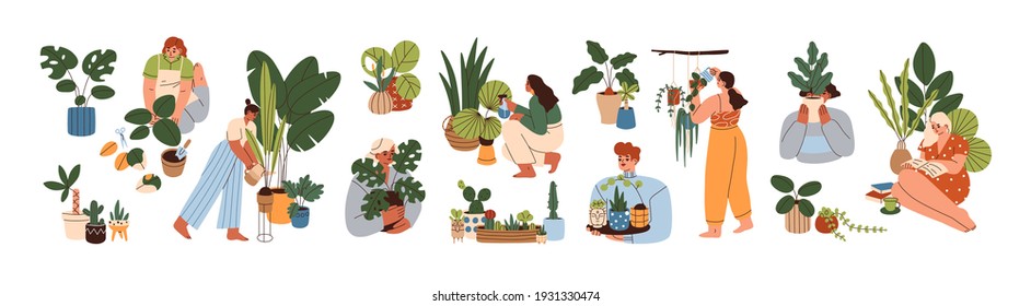 Set of happy women caring about interior potted plants isolated on white background. Home gardening and growing houseplants. Colored flat vector illustration of trendy people with house greenery - Shutterstock ID 1931330474