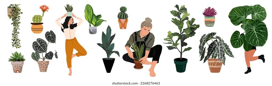 Set of happy women caring about potted plants. Young girls gardening and growing houseplants. Crazy plant ladies cartoon characters. Colored flat vector illustrations isolated on white background.