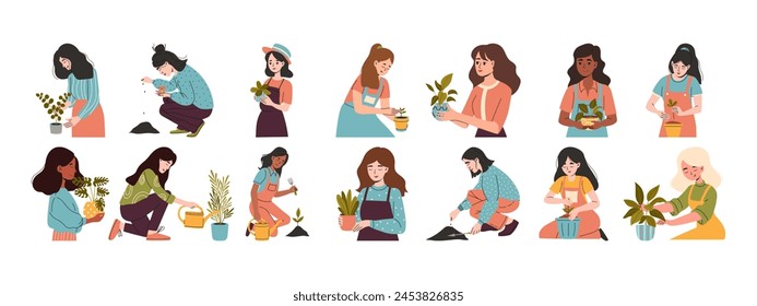 Set of happy women caring for plants. Urban gardening collection. Vector illustration