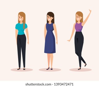 set of happy women with casual clothes and hairstyle