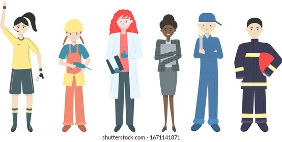 Set of happy women of different professions. Female referee, woman builder, woman scientist, office worker, female mechanic, firewoman. Girl power, Labor Day. Vector illustration in flat style.