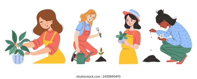 Set of happy women enjoy gardening and planting. Urban gardening collection. Vector illustration