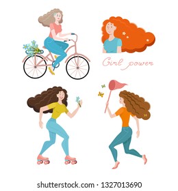 Set of happy women, flat vector illustration isolated on white background. Body positive, girl power concept - set of various happy women, girls