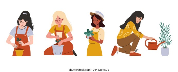 Set of happy women growing houseplants. Urban gardening collection. Vector illustration.