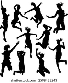 A set of happy women jumping for joy silhouette woman, people concept.