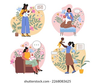 Conjunto de mujeres felices con bebés recién nacidos. Madres jóvenes sostienen en brazos a sus hijos pequeños o hijas. Los padres aman y cuidan a sus hijos. Colección vectorial plana de dibujos animados aislada en fondo blanco