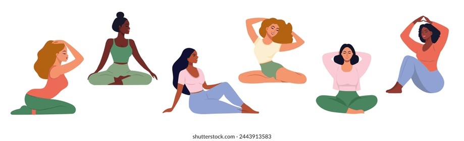 Set of happy women in relaxation and meditation pose. Conceptual illustration for yoga, meditation, relaxation, rest, healthy lifestyle. Self-care. Isolated on white background. Vector illustration 
