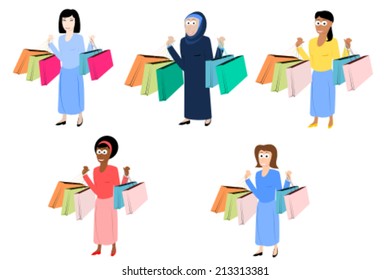 Set of happy women shopping and holding many bags