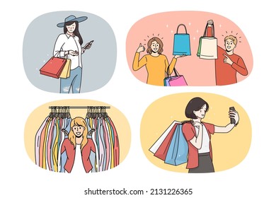 Set of happy women shopping on sales in mall or boutique. Collection of smiling girls with bags buy clothing on promotions or discounts. Consumerism and purchase. Vector illustration. 