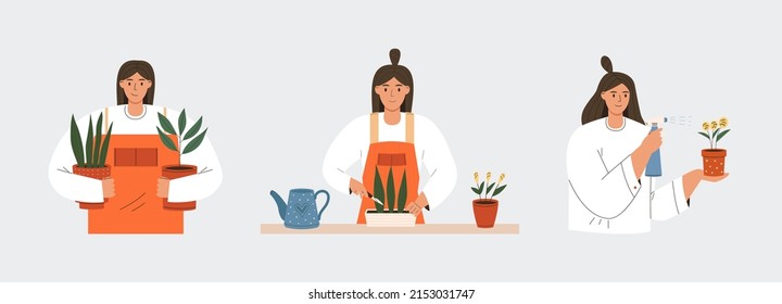 Set of happy women taking care of houseplants. Woman spraying water home plants. Woman gardener at work. Flat vector illustration