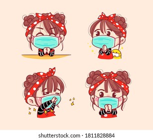 Set of happy women wearing face mask praying hand or greeting background.