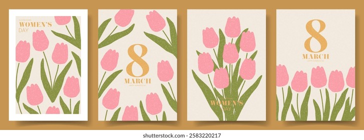 Set of Happy Women's Day cards. International Women's Day flyers with pink tulips. Holiday posters for design of party, celebration, ads, branding, cover, cards, sale, flyer.