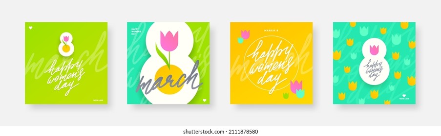 Set of Happy women's day greeting card. March 8 Holiday poster with type design and tulip flower. Design for greeting card, cover, invitation, flyer and etc. International women's day vector.