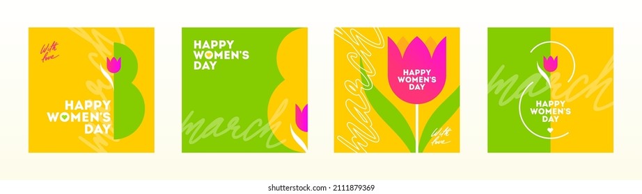Set of Happy women's day greeting card. March 8 Holiday poster with type design and tulip flower. Design for greeting card, cover, invitation, flyer and etc. International women's day vector.