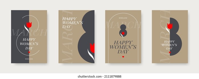 Juego de tarjetas de felicitación del día de las mujeres. 8 de marzo Afiche de vacaciones con diseño tipo y flor de tulipán. Diseño para tarjetas de felicitación, portada, invitación, volante, etc. Vector del Día Internacional de la Mujer.