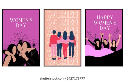 Set of Happy women's day greeting card. March 8 Holiday poster with type design for greeting card, cover, invitation, flyer and etc. International women's day vector.