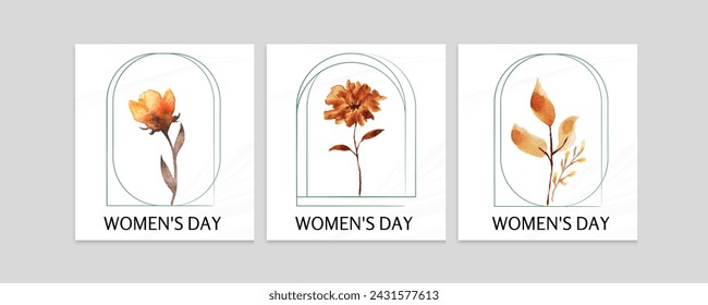 Set of Happy women's day greeting card. March 8 Holiday poster with type design and Watercolor Flower Illustration. Design for greeting card, cover, invitation, flyer and etc.