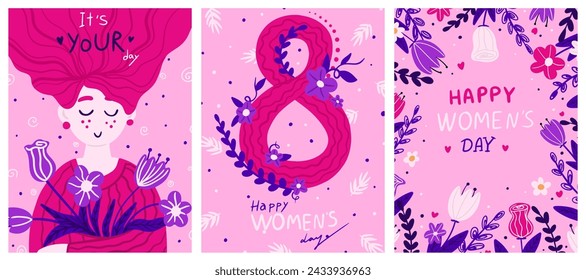 Set of Happy women's day greeting card. March 8 Holiday poster. 8 March posters design with lettering, womens, flowers and decorative elements.
