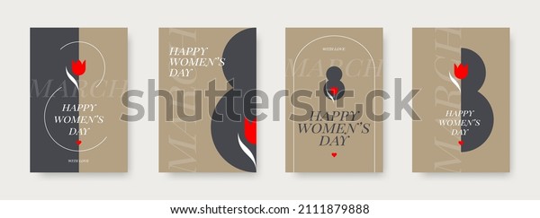 Set of Happy women\'s day greeting card. March 8\
Holiday poster with type design and tulip flower. Design for\
greeting card, cover, invitation, flyer and etc. International\
women\'s day vector.