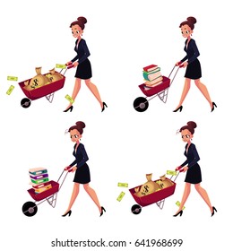 Set of happy and worried businesswomen pushing wheelbarrows full of money bags, book, document folders, cartoon vector illustration isolated on white background. Businesswoman pushing wheelbarrow set