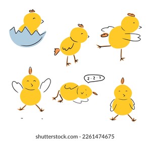 Set of happy yellow chicken chick in different yoga poses running, jumping, sleeping, standing, sitting in the blue shell. Flat, cartoon vector hand drawn illustrations. Sport, lifestyle, easter