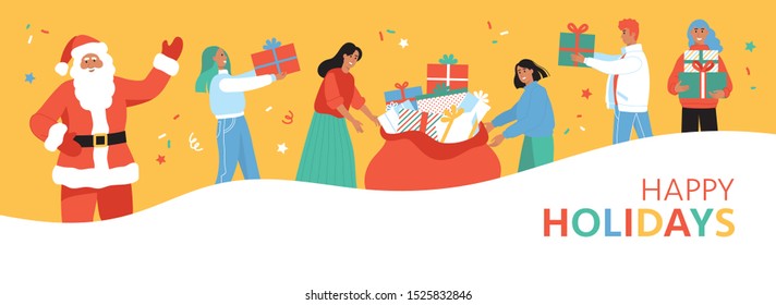 Set of happy young cartoon people celebrate Christmas and get presents out of the Santa's bag. Flat colorful vector illustration. 