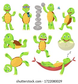 Set of happy young cartoon turtle in different