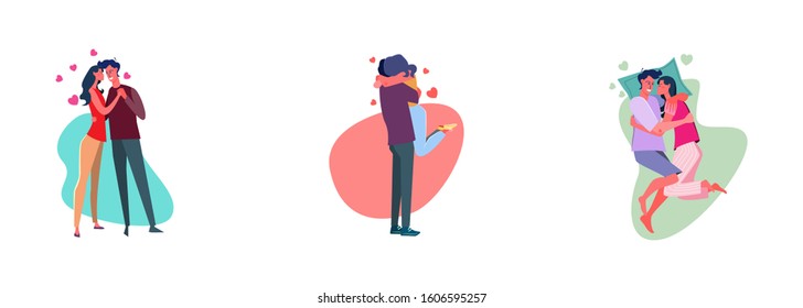 Set of happy young couple in love. Flat vector illustrations of people dancing, hugging, lying. Relationship, love concept for banner, website design or landing web page