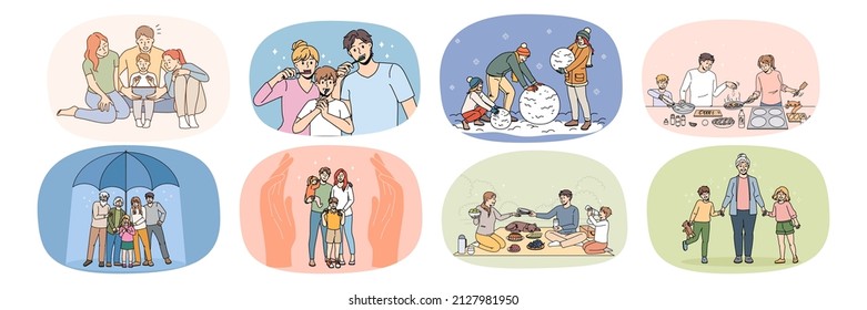 Set of happy young family with children everyday routine activity. Smiling parents with kids daily habits, brush teeth, cooking and playing together. Relative bonding and unity. Vector illustration. 