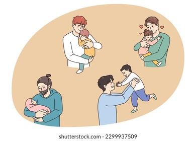 Set of happy young fathers hold in arms cuddle little kids show love and care. Collection of smiling single dads play relax with small children. Fatherhood and parenthood. Vector illustration.