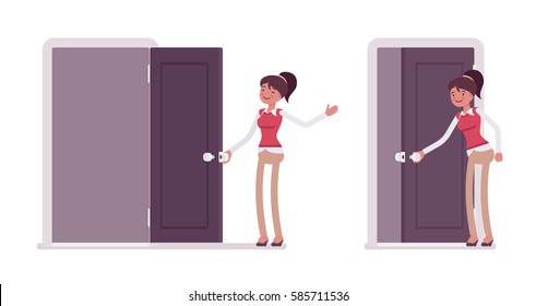 Set Of Happy Young Female Typical Office Worker In A Business Smart Casual Wear Opening And Closing Door, Welcoming Clients, Inviting To Enter The Office, Full Length, Isolated, White Background