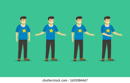 Set of a happy young guy wearing casual clothes in welcoming poses. Smiling man posing with his arms wide open. Flat vector illustration