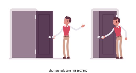 Set of happy young male typical office worker in a business smart casual wear opening and closing door, welcoming clients, inviting to enter the office, full length, isolated against white background