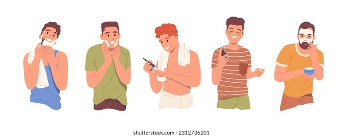 Set of happy young man characters applying hygiene skin care and aftershave cosmetics products