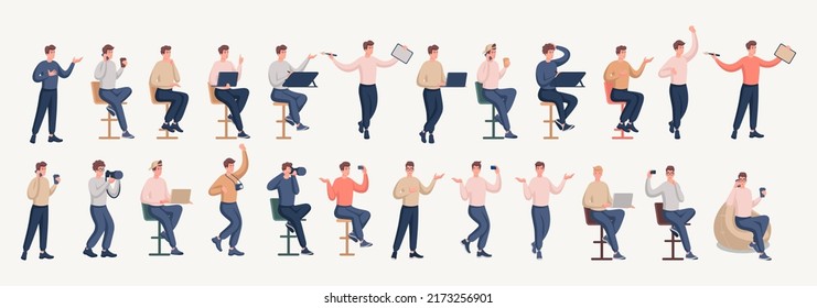 Conjunto de jóvenes felices demostrando la alegría del trabajo, dibuja, trabaja en una laptop, compone poemas, programas. Ilustración vectorial plana de color.