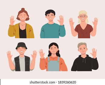 Set of happy young men and women waving hand and smiling. Greeting gesture. Male and female characters in casual clothes. Hand drawn flat vector cartoon character illustration 