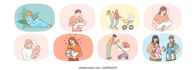 Set happy young parents and newborn babies enjoy parenthood  Collection smiling loving moms   dads enjoy time spending and infants  Family growing   motherhood  Vector illustration  