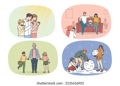 Set of happy young parents with small children daily life. Collection of smiling family with kids everyday activities, spending time playing together. Parenthood concept. Vector illustration. 