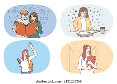 Set of happy young people with books enjoy studying learning new information. Collection of smiling students with textbooks in college or university. Education. Vector illustration. 