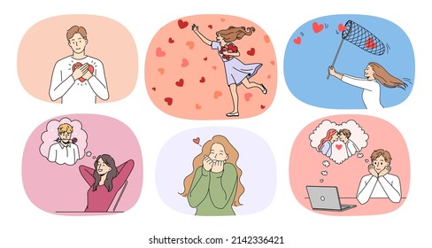 Set of happy young people catch hearts with net look for love. Collection of smiling men and women feel affection and romance enjoy relationships with partners. Relation. Vector illustration. 